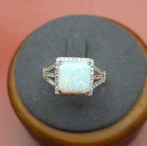 Sterling Silver CZ Opal Ring. Size 9